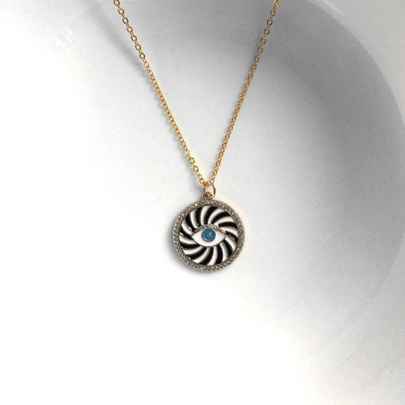 Gold Plated Evil Eye Cubic Zirconia Black White Enamel Charm Pendant Necklace - Picture 8 of 8